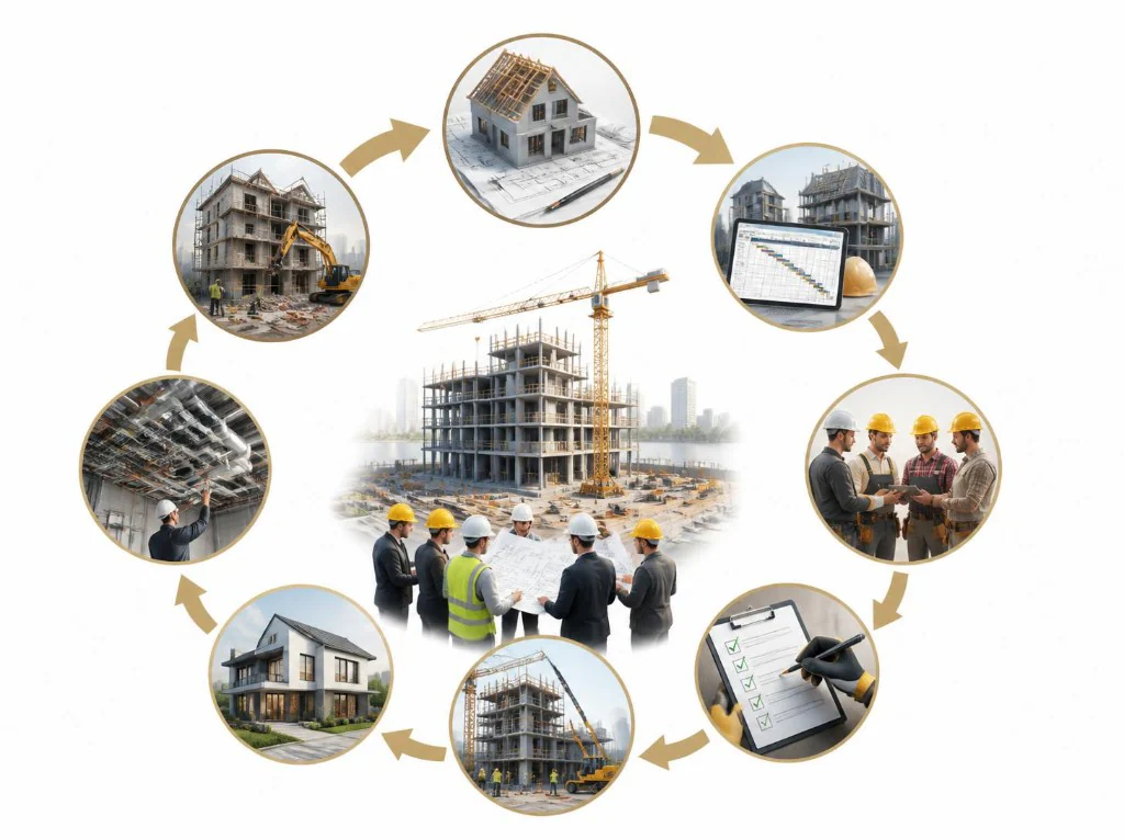 Kruhová infografika kolobehu stavebnej realizácie INVY trade: projektovanie, harmonogram, koordinácia tímu, kontrola kvality, hrubá stavba, technické inštalácie, rekonštrukcie a odovzdanie dokončenej stavby.